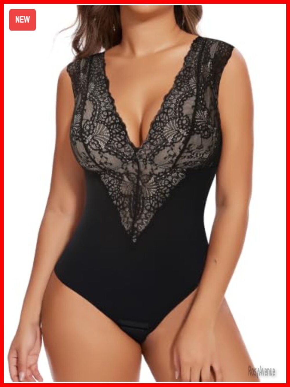 Lace Bodysuit Thong Shapewear Tummy Control Deep V Neck Corset Top